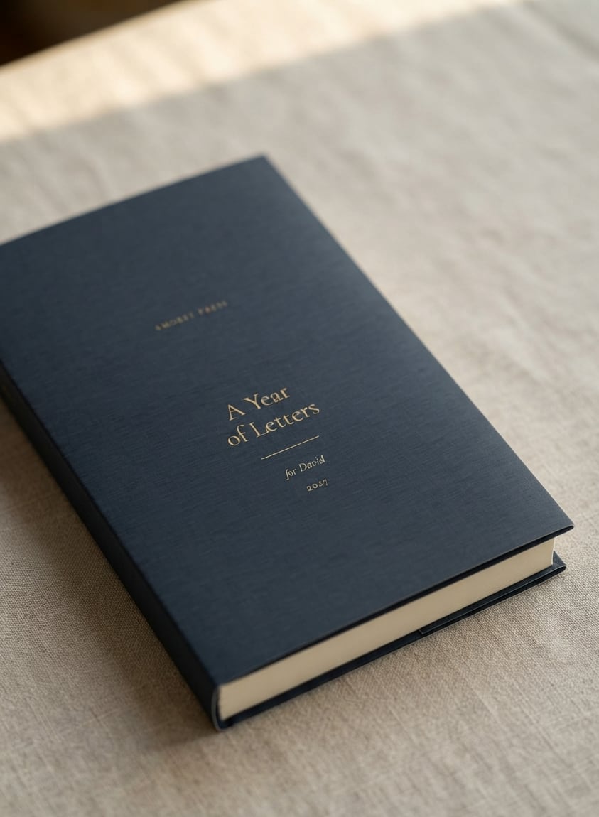 The finished book — a navy cloth hardcover reading ‘A Year of Letters, for David, 2027’ in gold — resting on a linen tablecloth in afternoon light